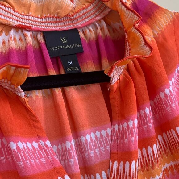Worthington Smocked Neck Sleeveless Top Pink and Orange Size Medium - Picture 2 of 3
